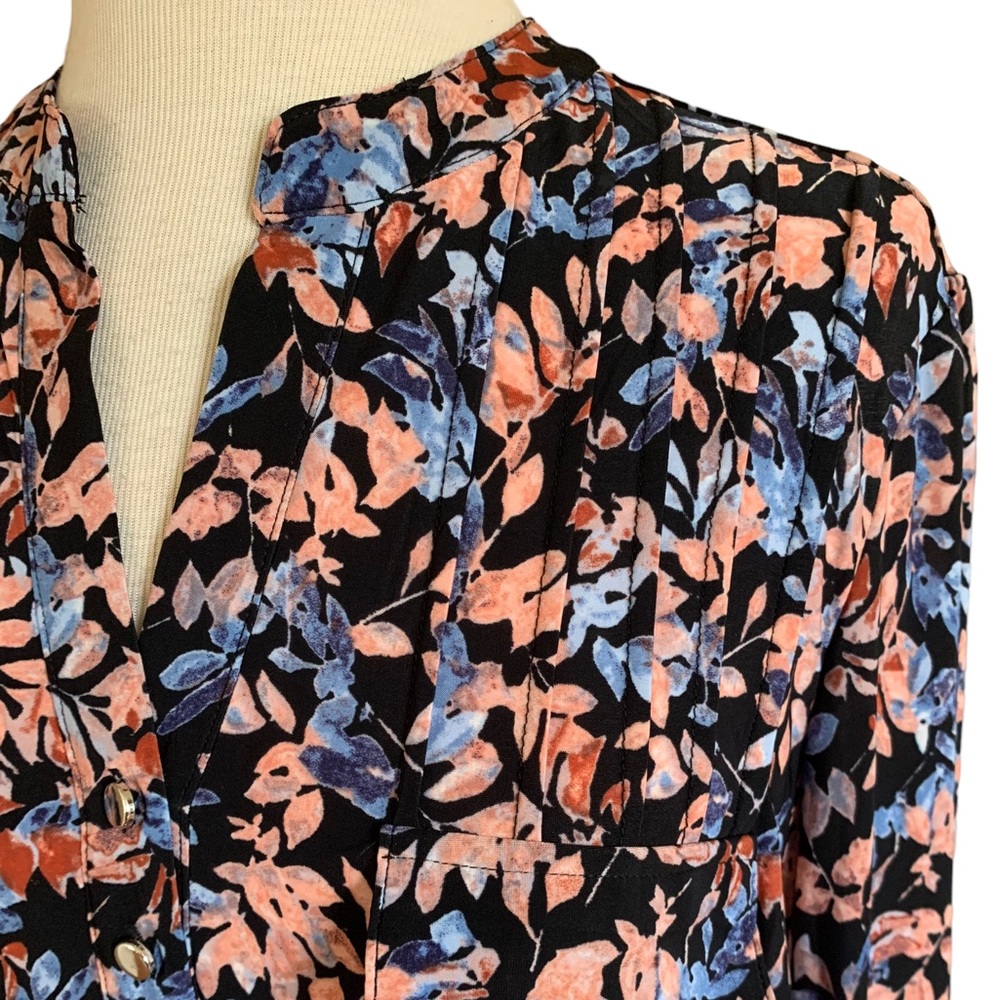 COCOMO 1X Plus Size Blue orange floral 3/4 sleeve women's Pintuck Blouse tunic - Picture 8 of 13